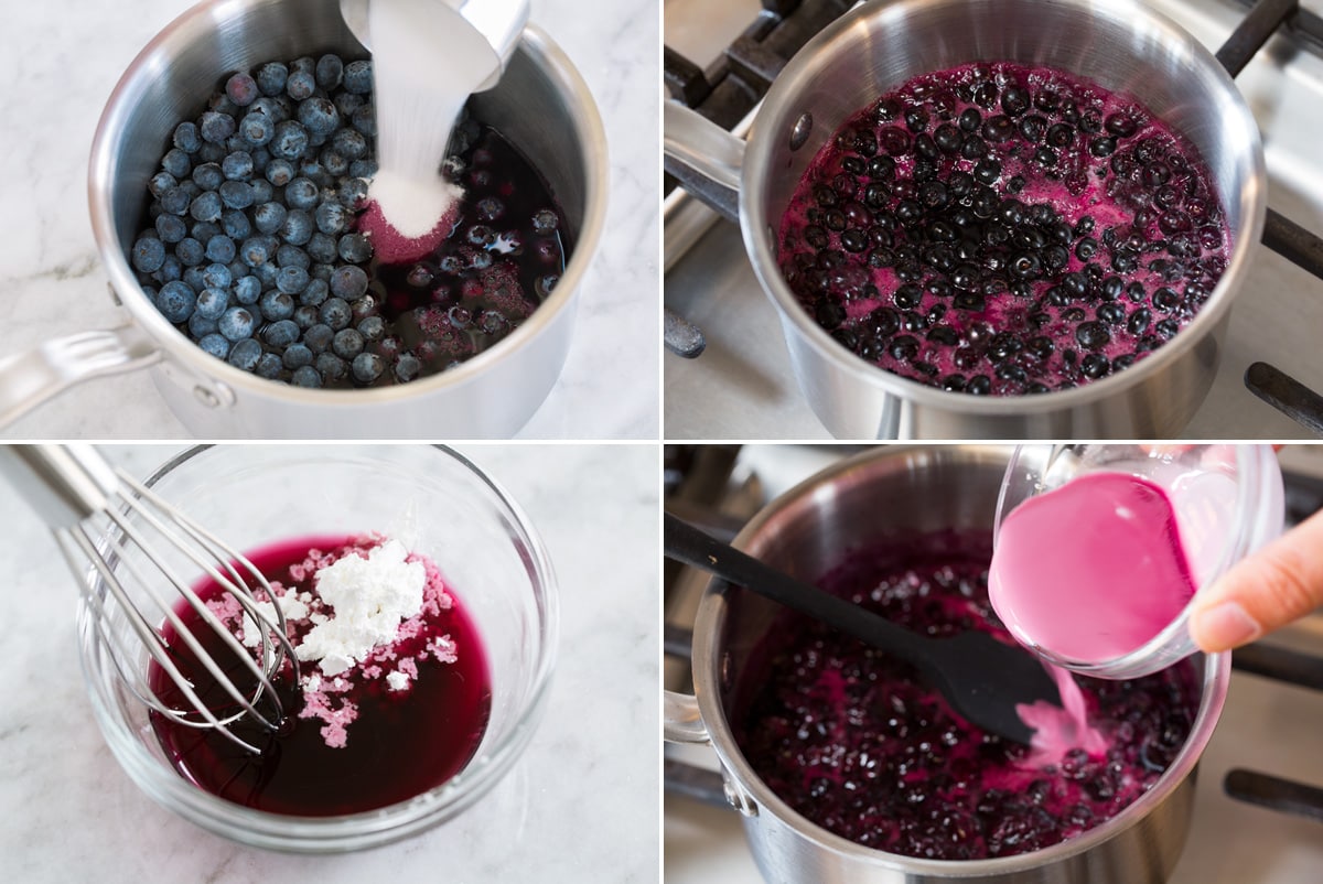 Collage of four photos showing how to make blueberry syrup. Includes mixing blueberries and sugar in a pan then heating over stovetop. Then shows mixing cornstarch slurry and pouring into pan on stovetop.
