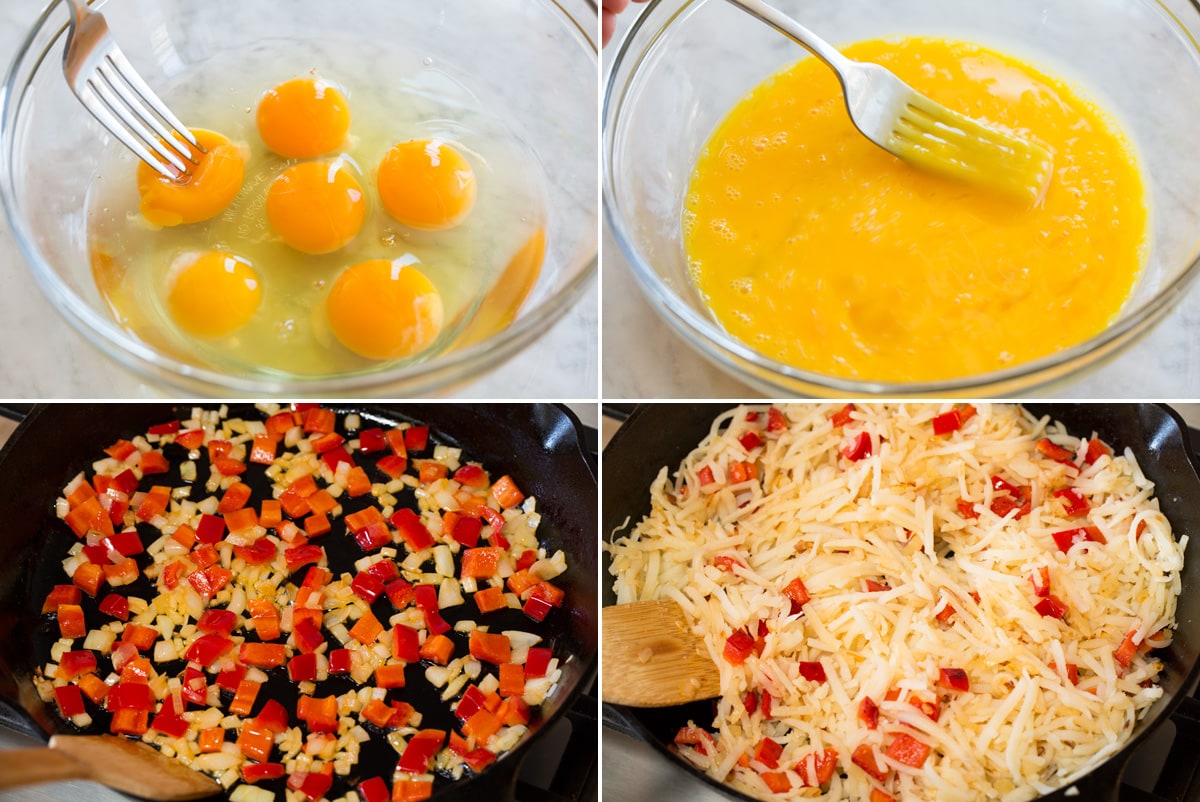 Collage of four photos showing steps of making breakfast hash.