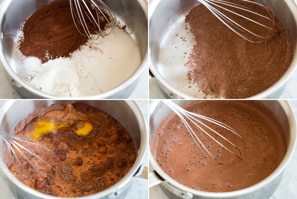 Collage of four images showing steps to make chocolate pudding mixture in saucepan before heating on stovetop.