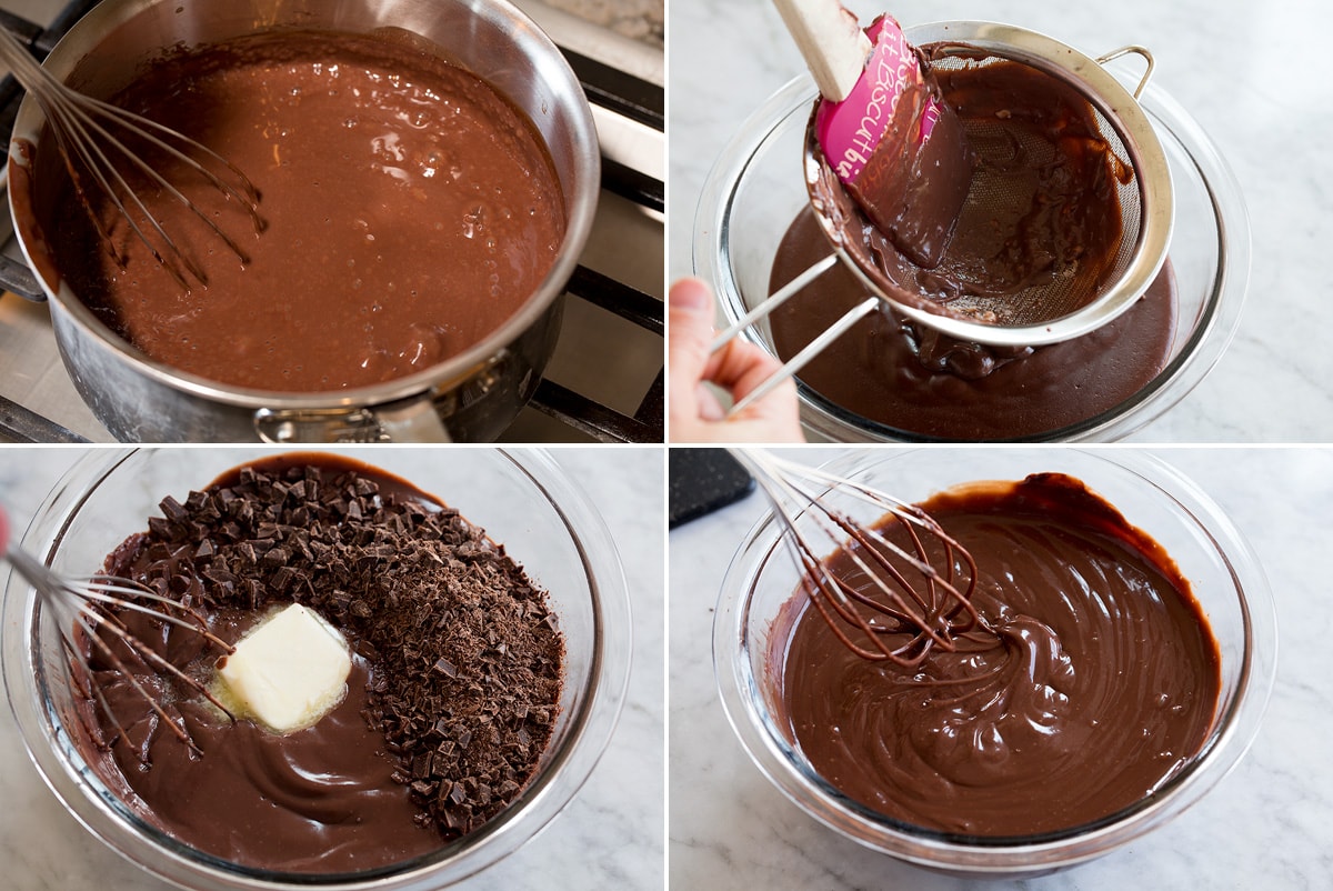 Collage of four images showing steps of making chocolate pudding on stovetop, straining, then mixing in chocolate and butter.