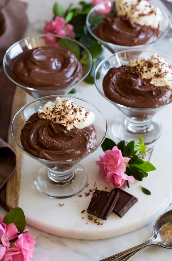 Chocolate Pudding in footed glass serving cups.