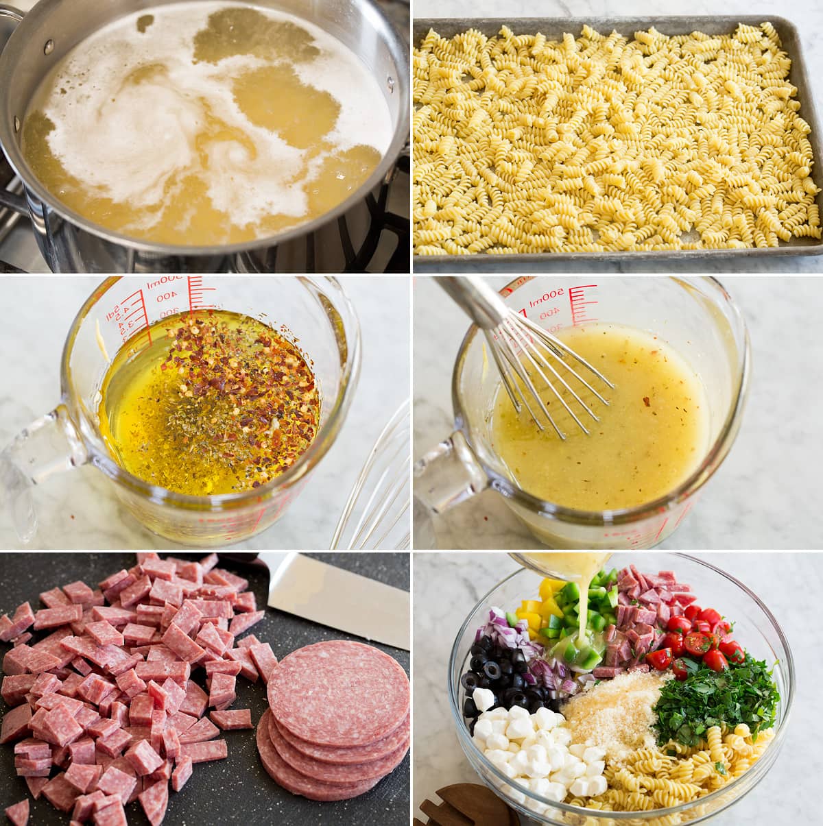 Photo: Collage of six images showing steps of making Italian pasta salad. Includes boiling pasta then cooling. Making dressing, slicing ingredients and tossing everything together in a very large bowl.