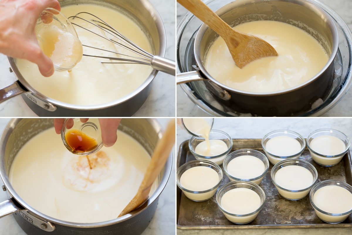 Photo: Collage of four photos showing gelatin added to milk mixture in saucepan, cooling milk mixture in ice bath, adding vanilla, then pouring panna cotta into ramekins.