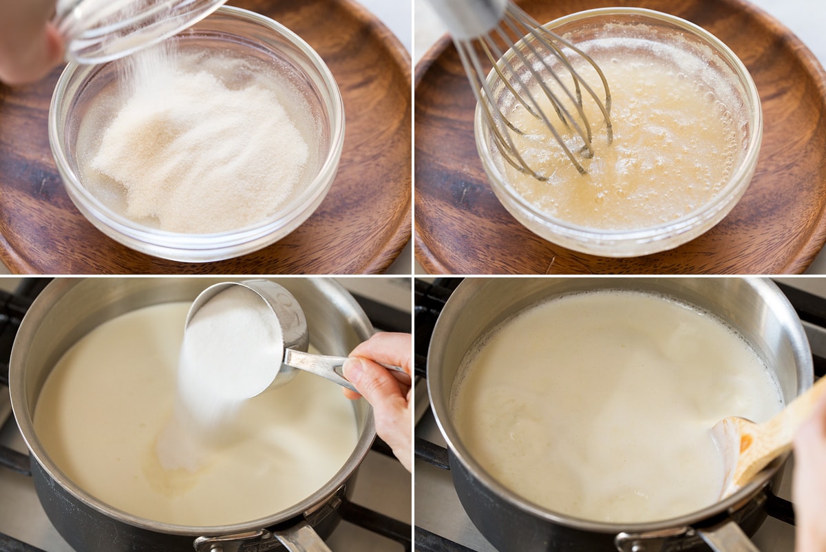 Photo: Collage of four images first two showing steps to making gelatin mixture, second showing making milk mixture for panna cotta.