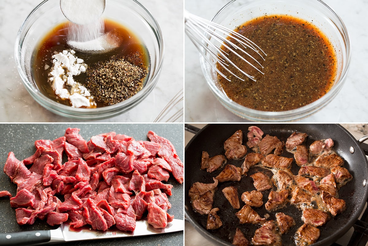 Photo: Four photos, first two show mixing pepper steak sauce in a bowl. Second two photos show chopping steak and searing in skillet.