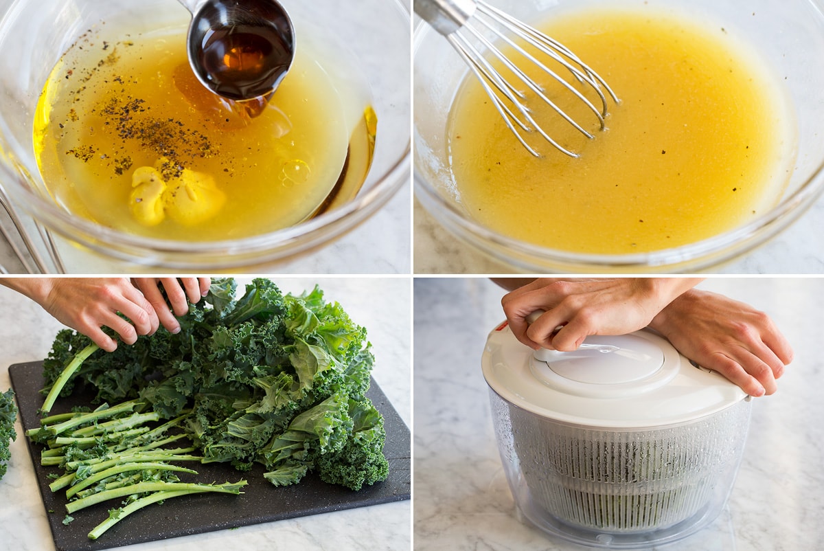 Collage of four photos showing how to make dressing, remove kale from stems and spin kale in salad spinner to dry.