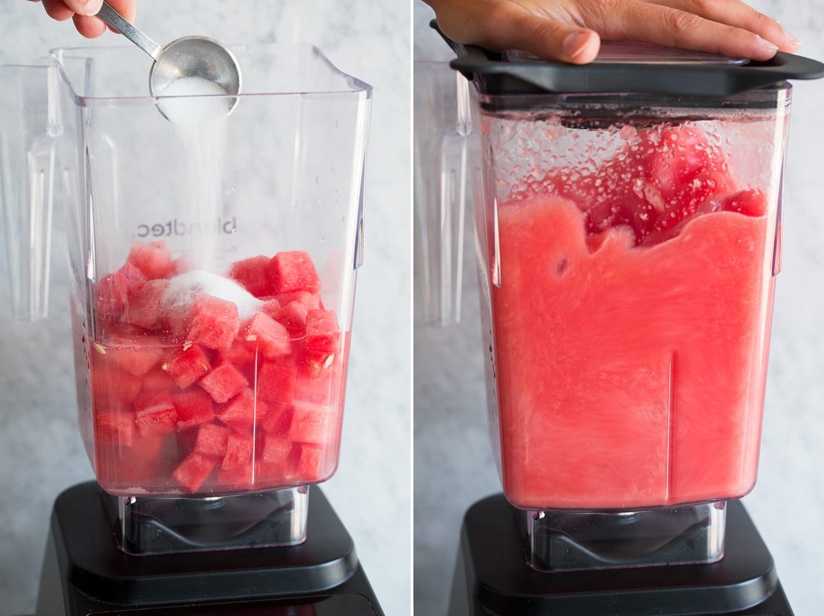 Photo: Aqua fresca ingredients in blender shown before and during blending.
