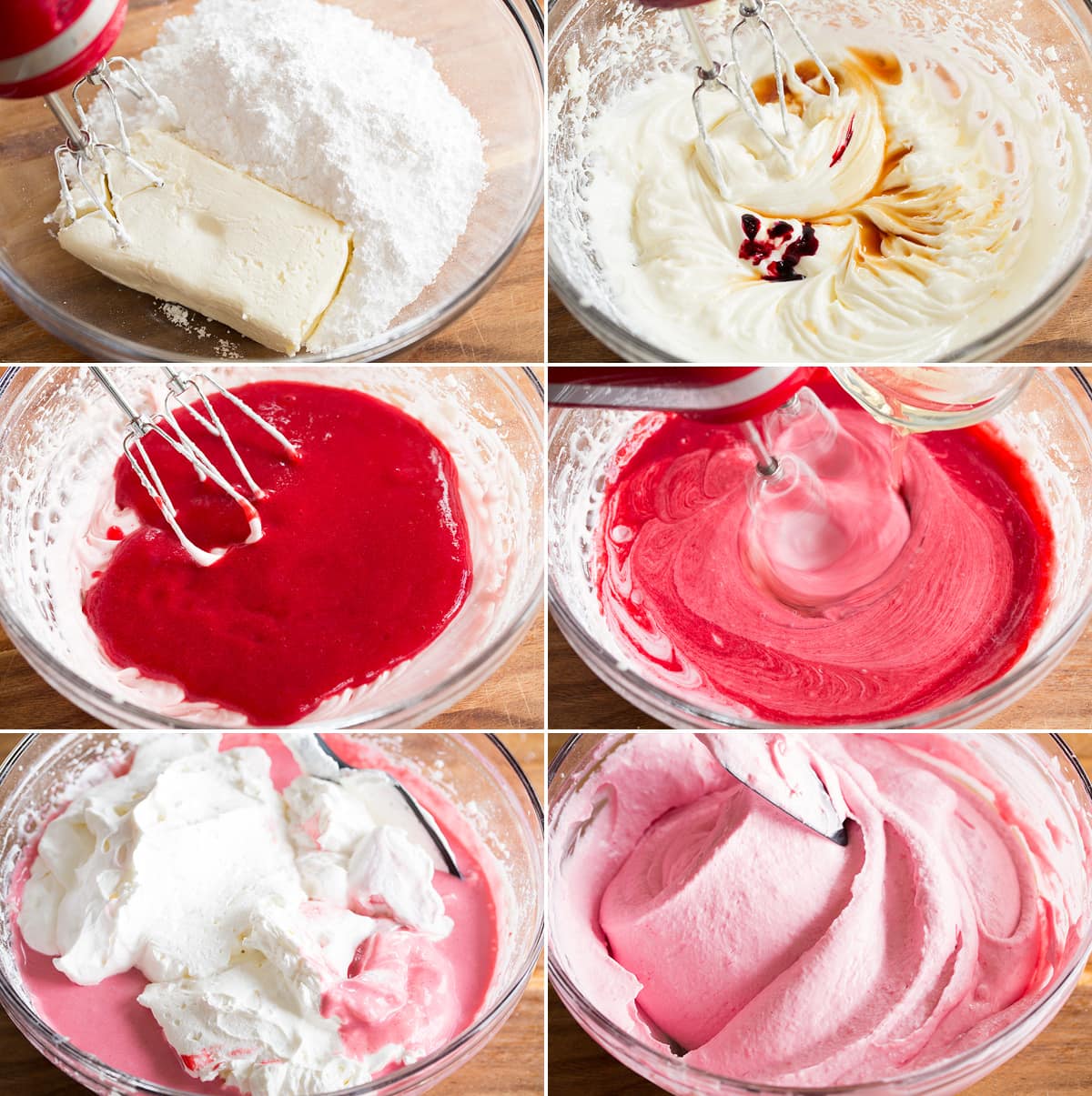 Collage of six images showing how to make the raspberry mousse mixture for icebox cake.