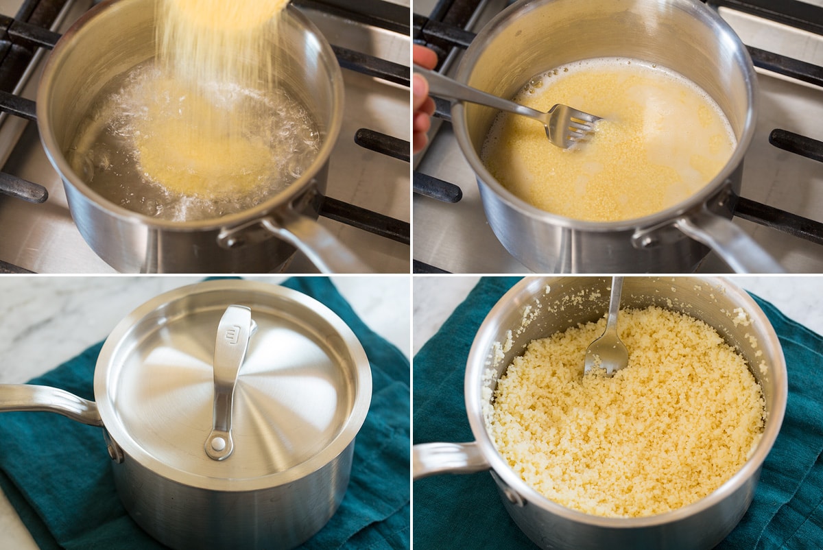 Collage of four photos showing steps to cooking couscous in a saucepan.