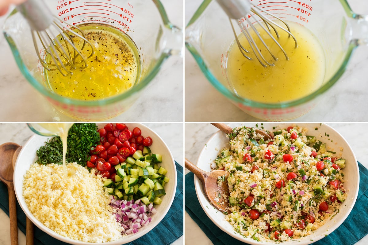 Collage of four photos showing a dressing being made and tossing dressing with a couscous salad.
