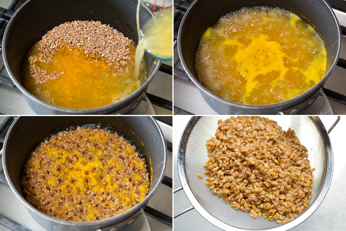 Collage of four photos showing how to cook and drain farro.