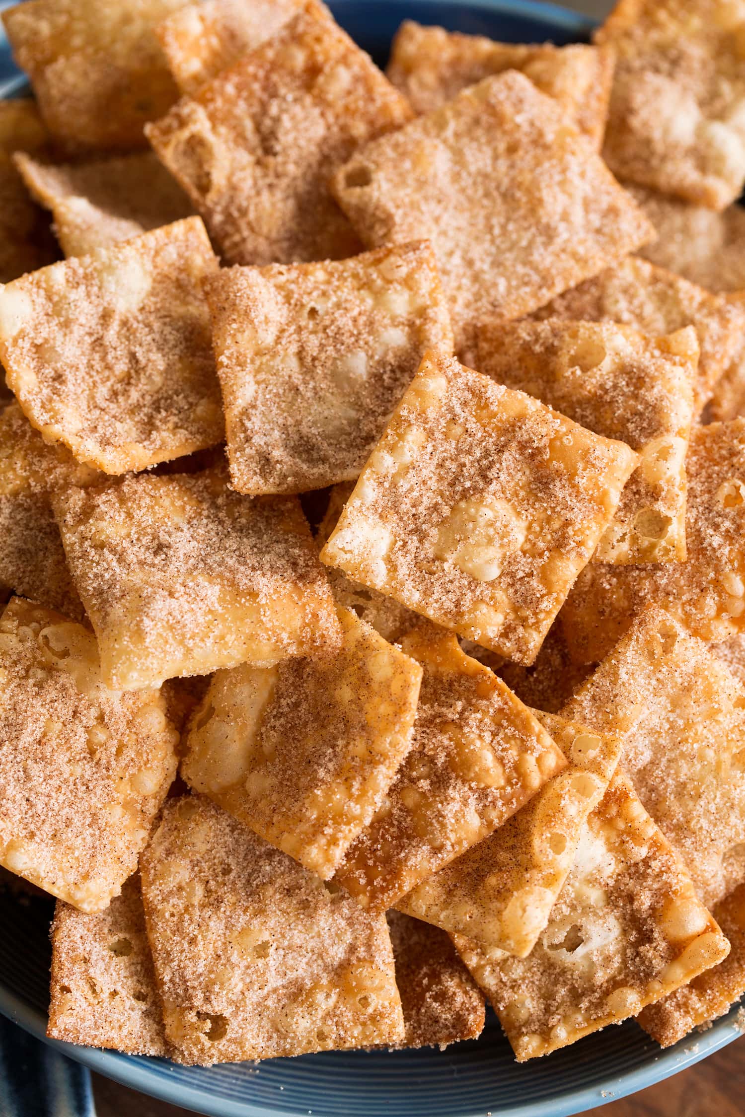 Cinnamon sugar covered wonton chips shown close up.