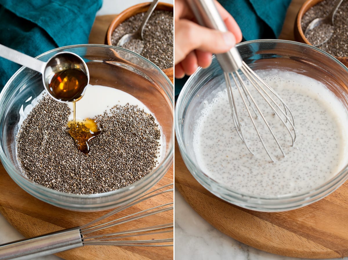 Collage of two photos showing steps of making chia pudding in a bowl.