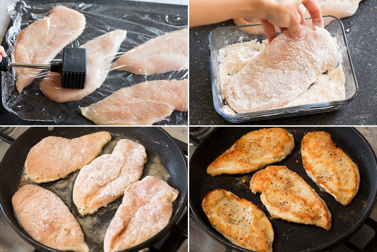 Collage of four photos showing steps of thinning, dredging and cooking chicken breasts in a skillet.
