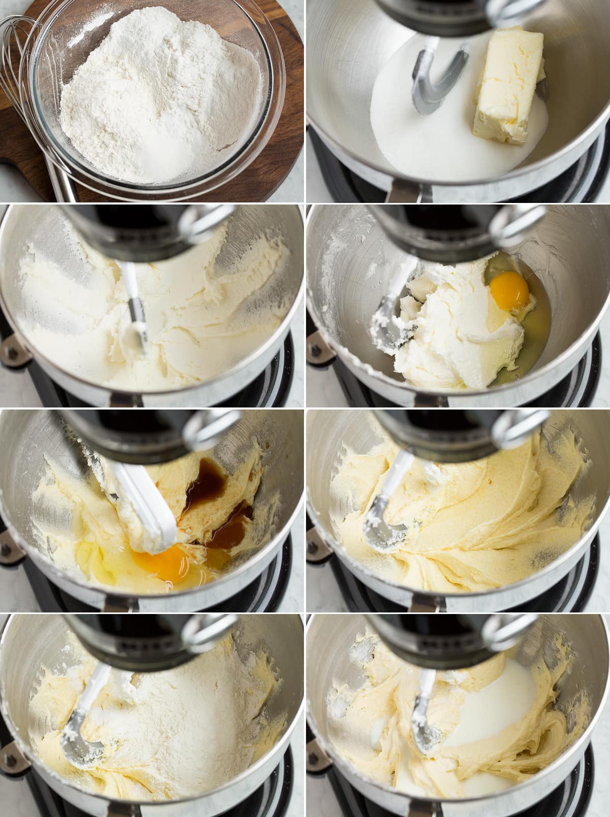 Collage of eight images showing how to make cupcake batter.