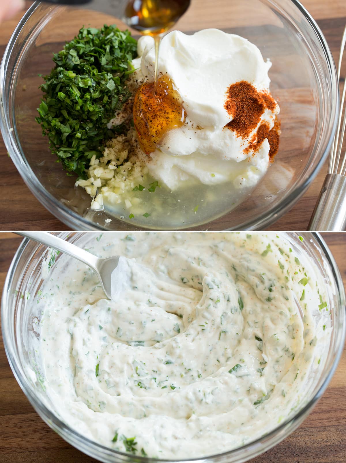 Collage of two images showing creamy cilantro sauce before and after mixing.