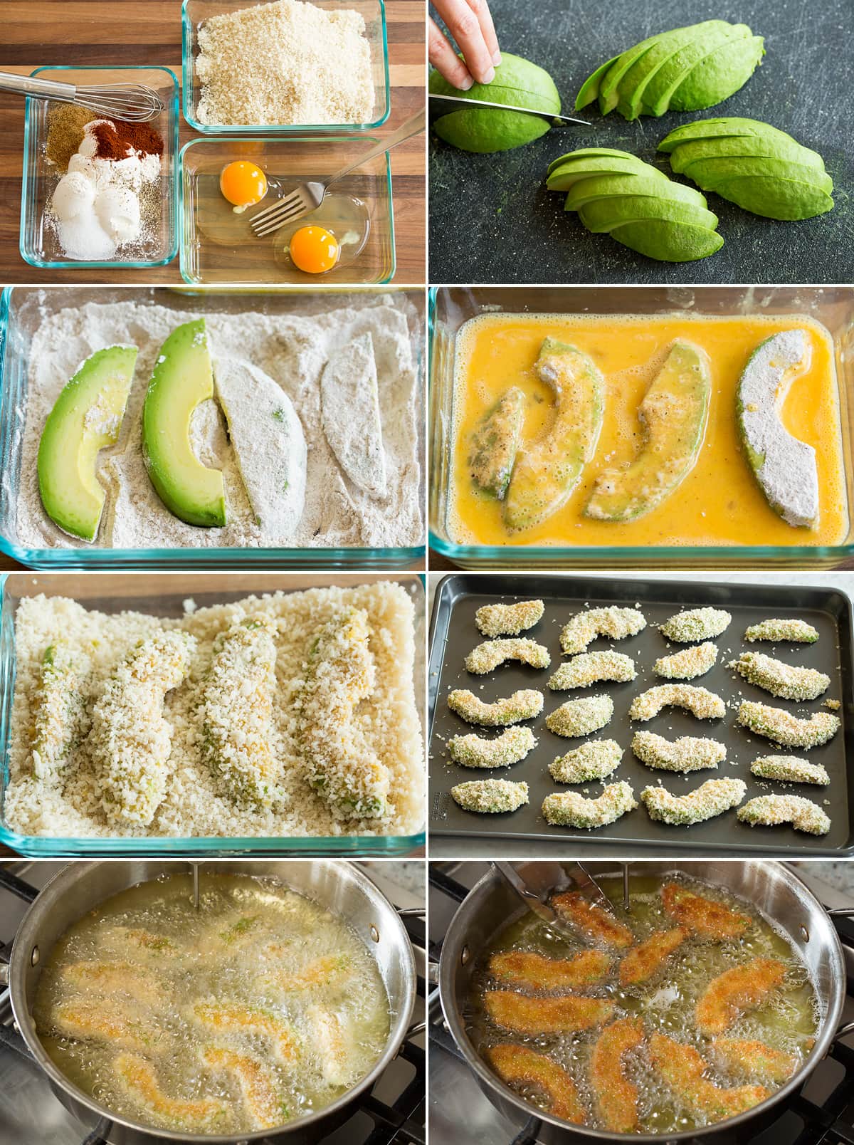 Collage of eight images showing how to bread avocado slices then deep fry in a skillet to make fries.