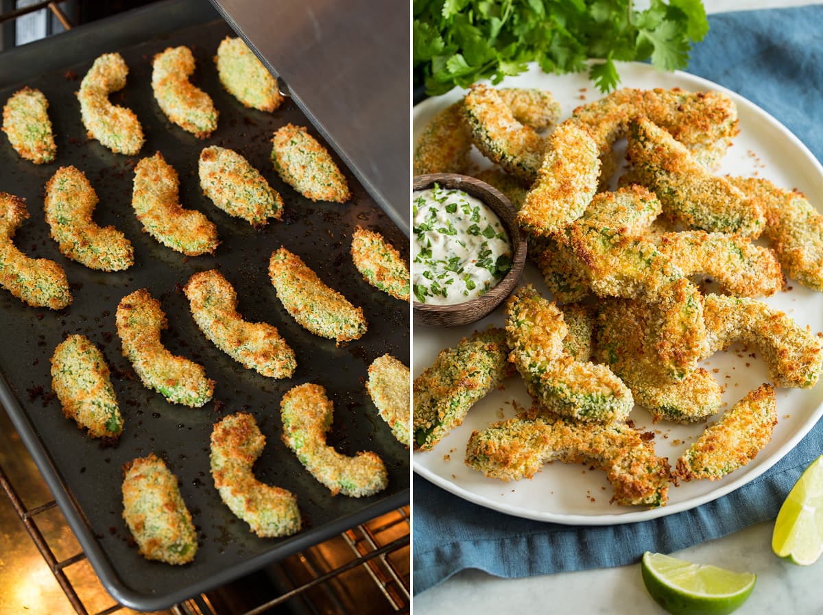 Avocado fries baking on a baking sheet in the oven.