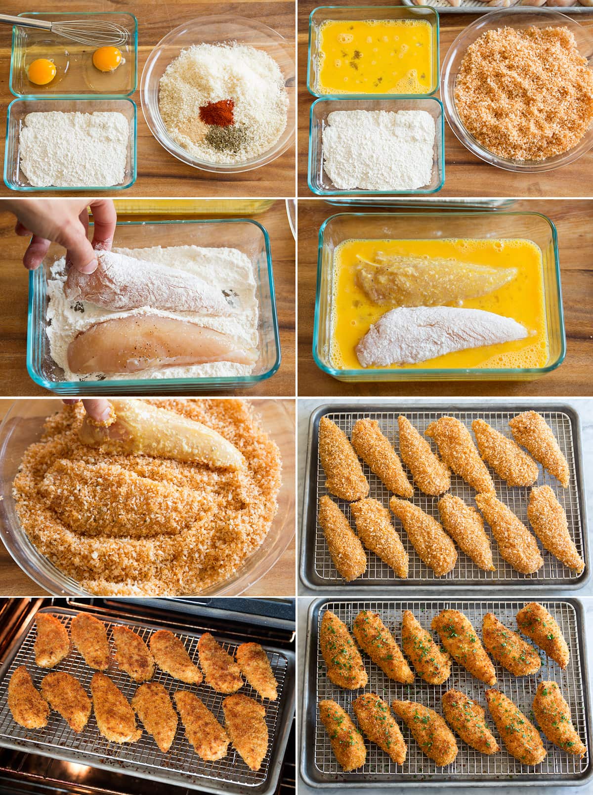 Collage of eight photos showing step by step photos of making baked chicken tenders. Shows dredging chicken in flour, egg and seasoned panko. Then shown baking on a wire rack over a baking sheet.