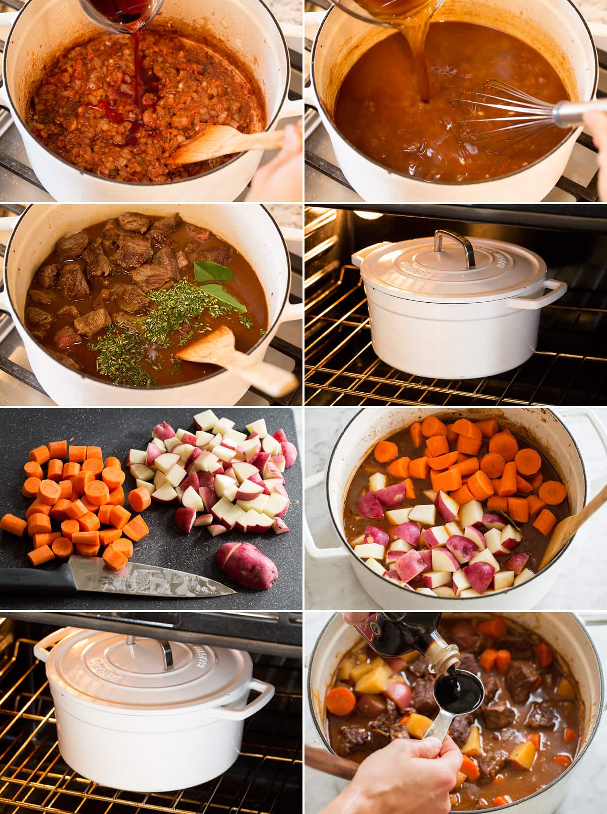 Eight images together showing how to finish beef stew with wine, broth and herbs. Then shows baking in the oven, and stirring in potatoes, carrots and balsamic vinegar.