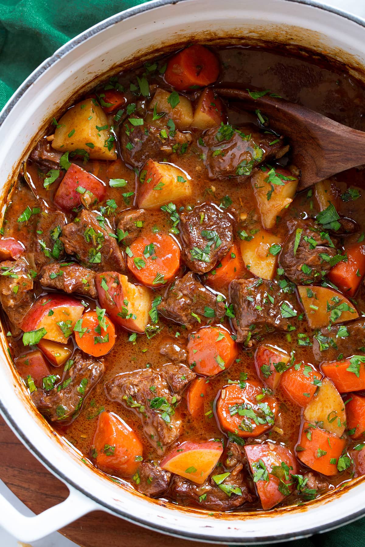 Close up photo showing homemade beef stew in a pot.