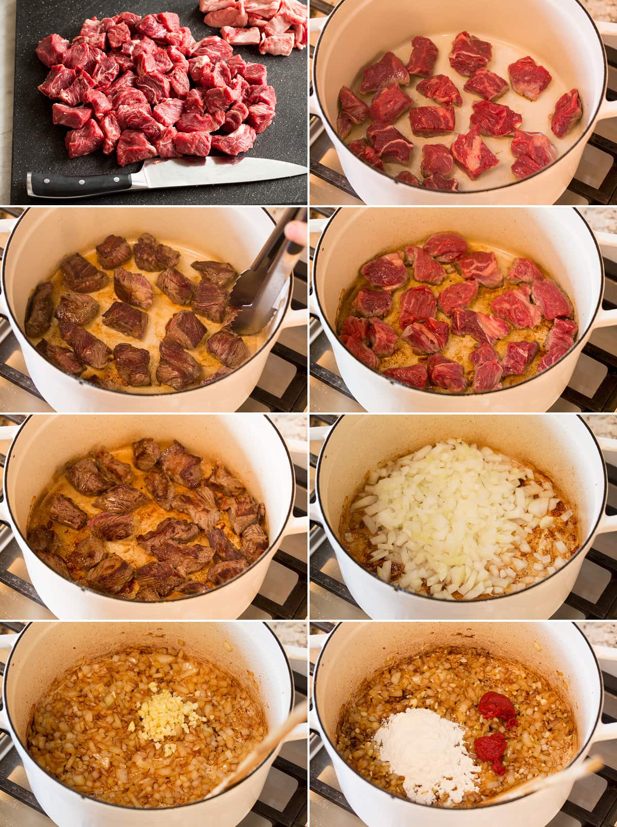 Collage of eight images showing steps of browning beef for beef stew in batches, then sautéing vegetables and making a roux.