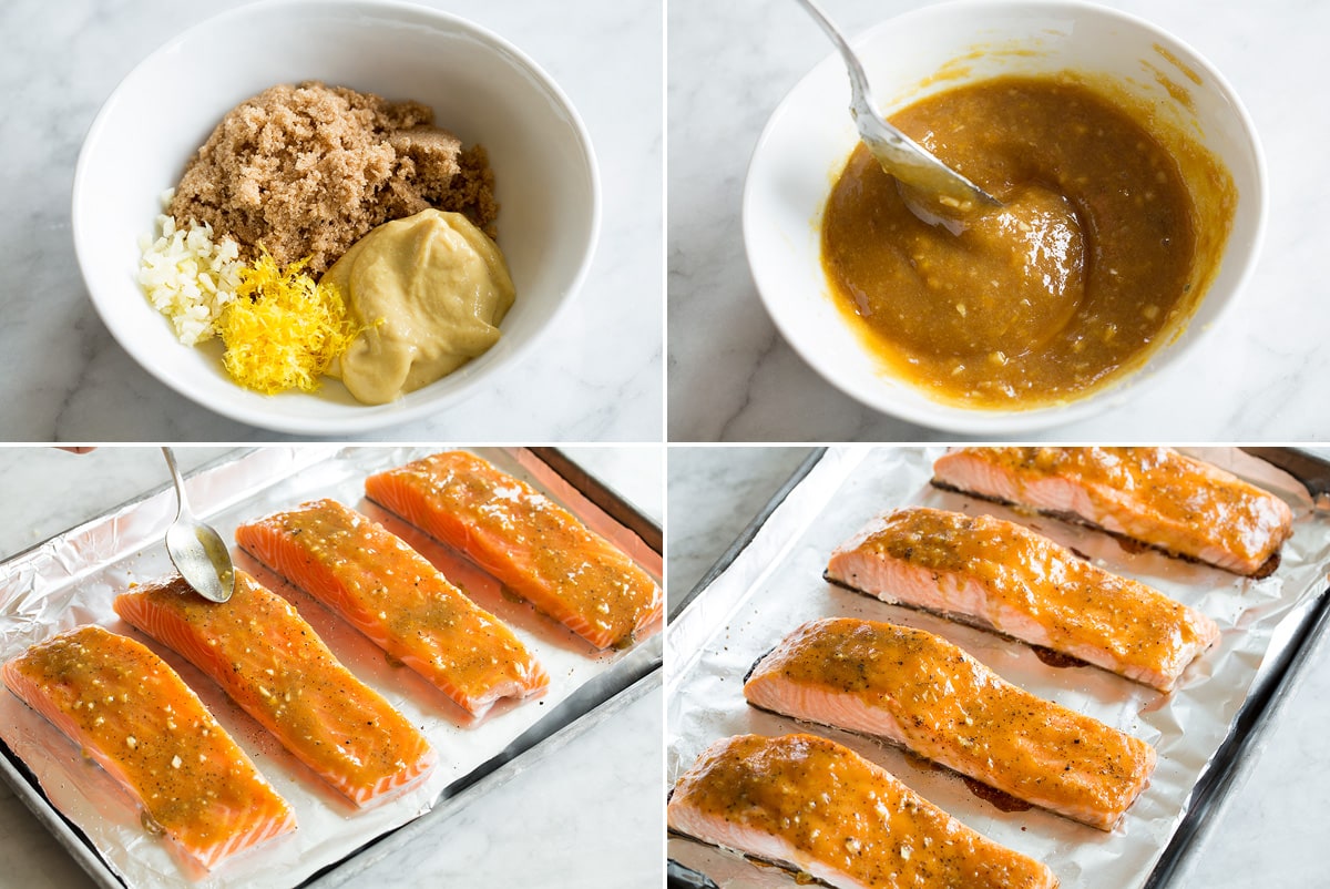 Collage of four photos showing steps of making brown sugar glaze with mustard, garlic and lemon zest. Then shows brushing over salmon.
