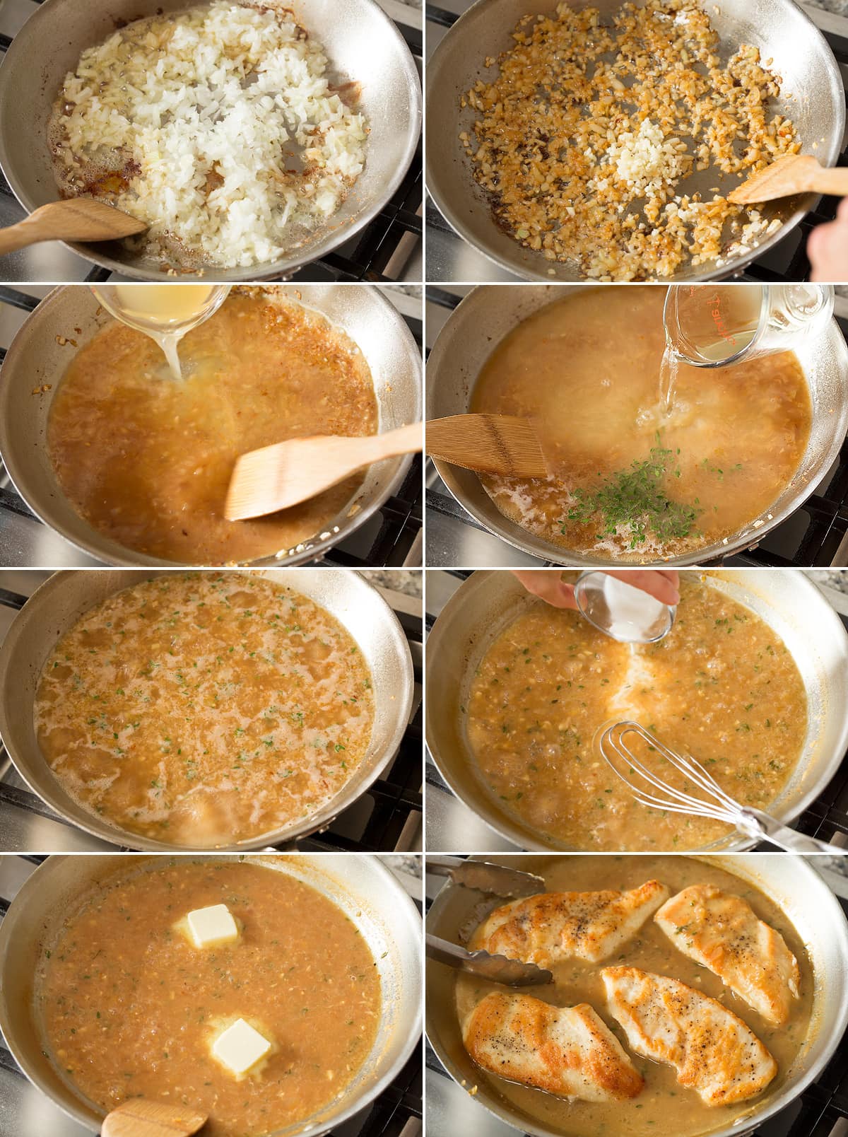 Collage of eight photos showing how to make white wine sauce in a skillet.