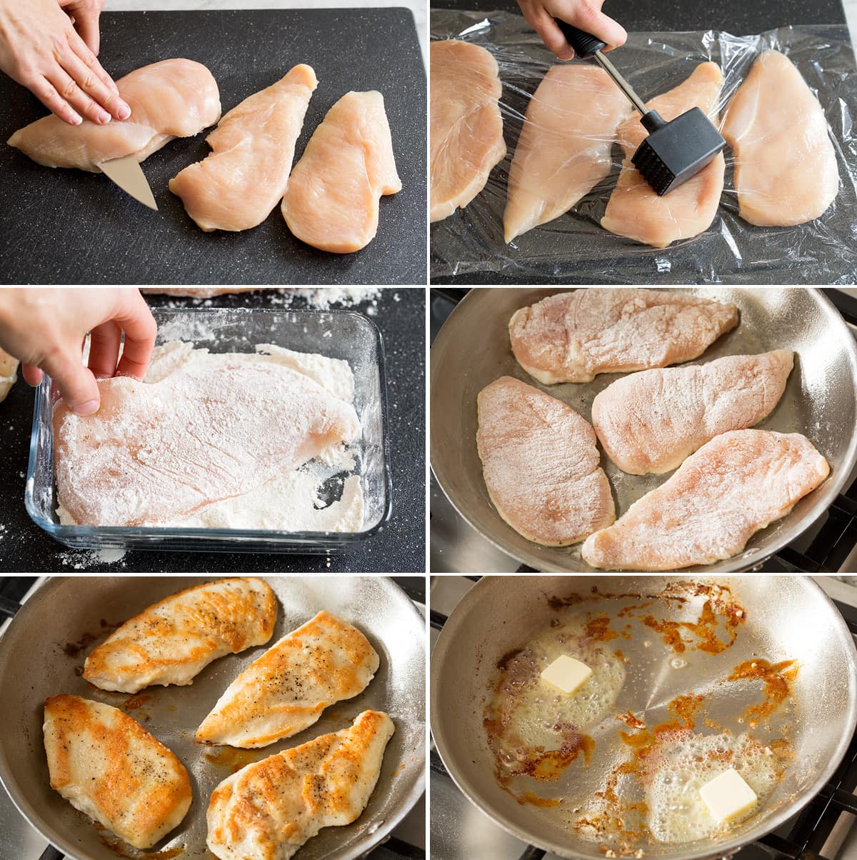 Collage of six images showing how to prepare and pan sear chicken breasts.