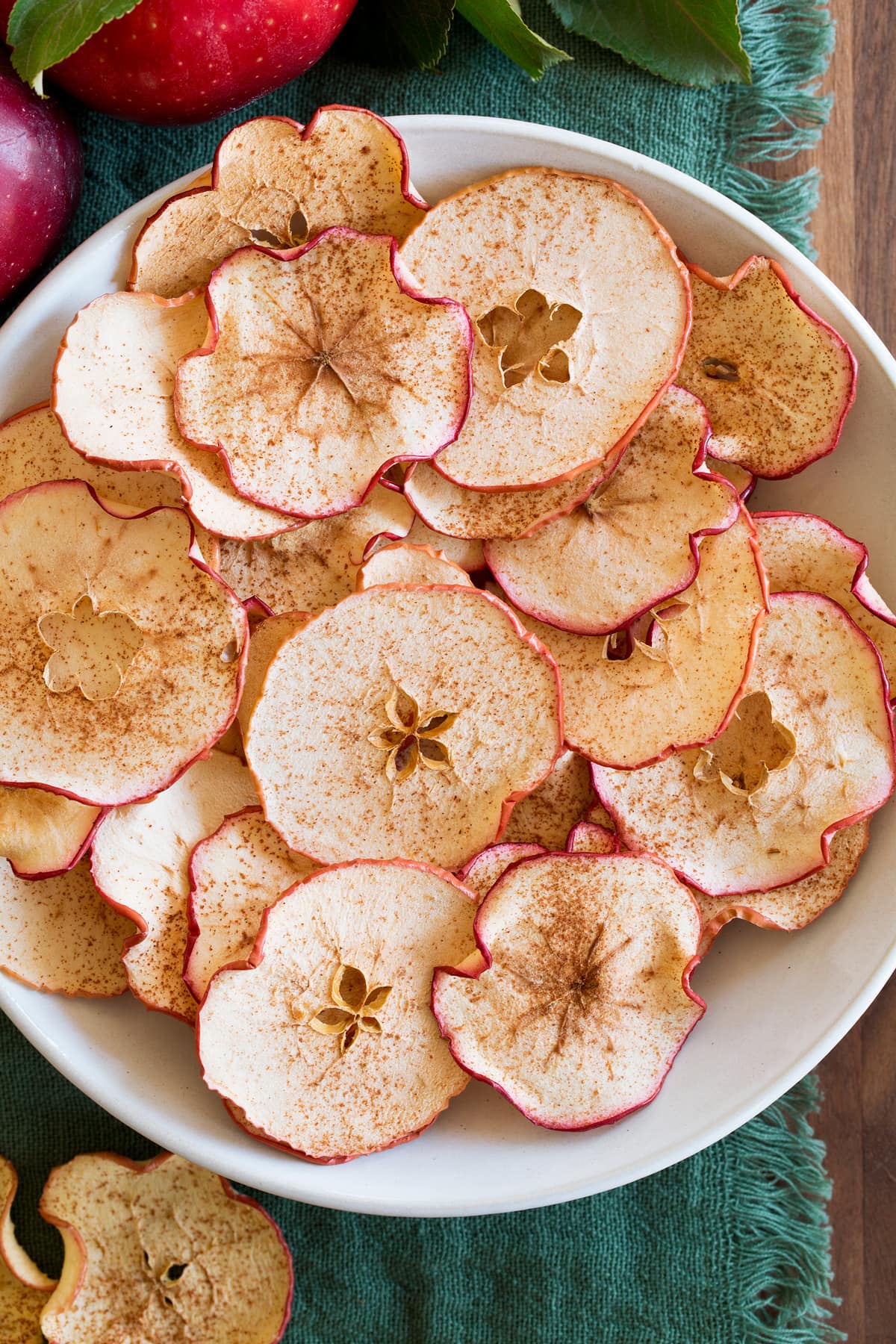 Overhead view of homemade baked apple chips in a white bowl.