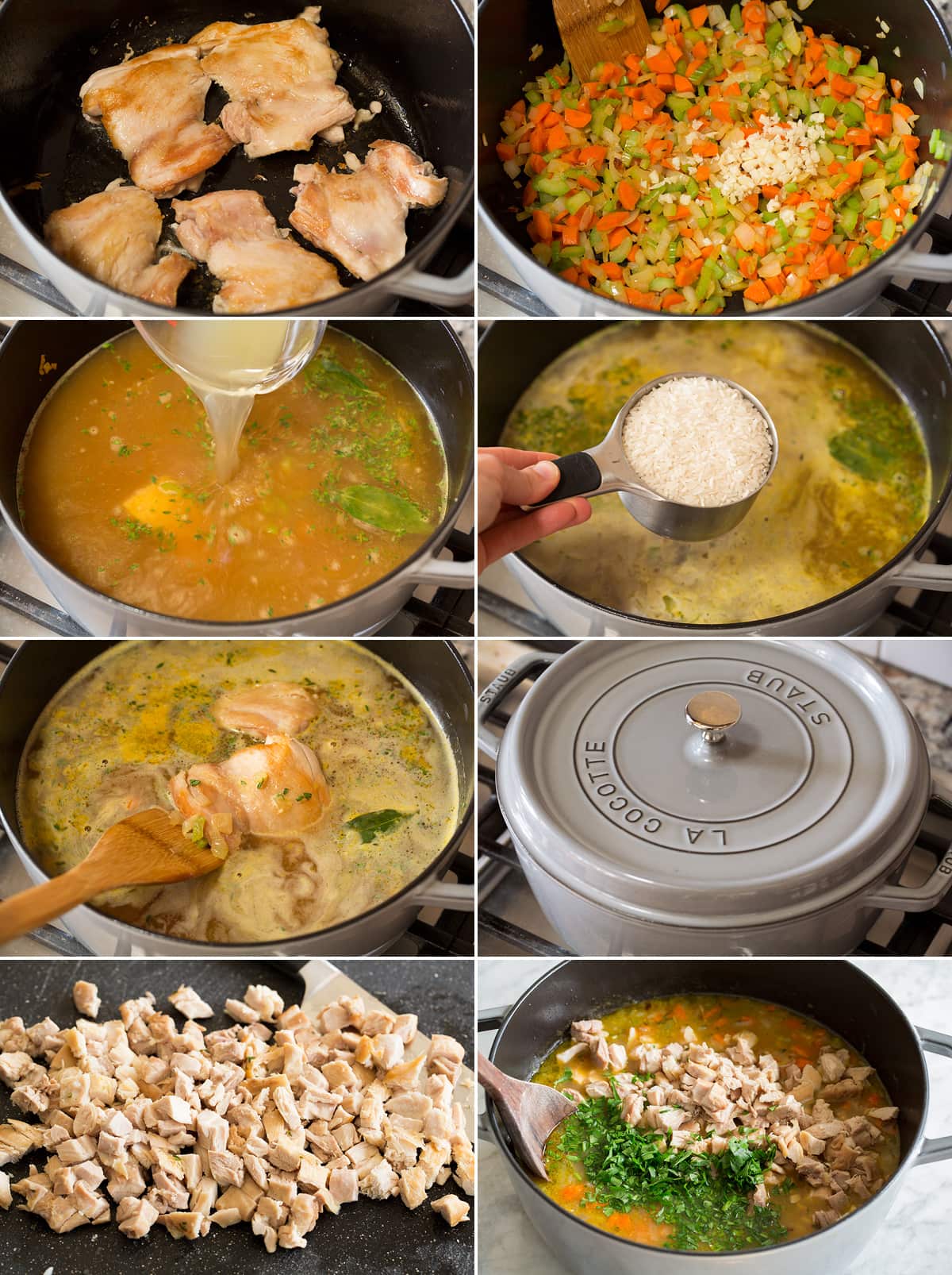 Eight photos together showing steps of making a pot of chicken and rice soup.