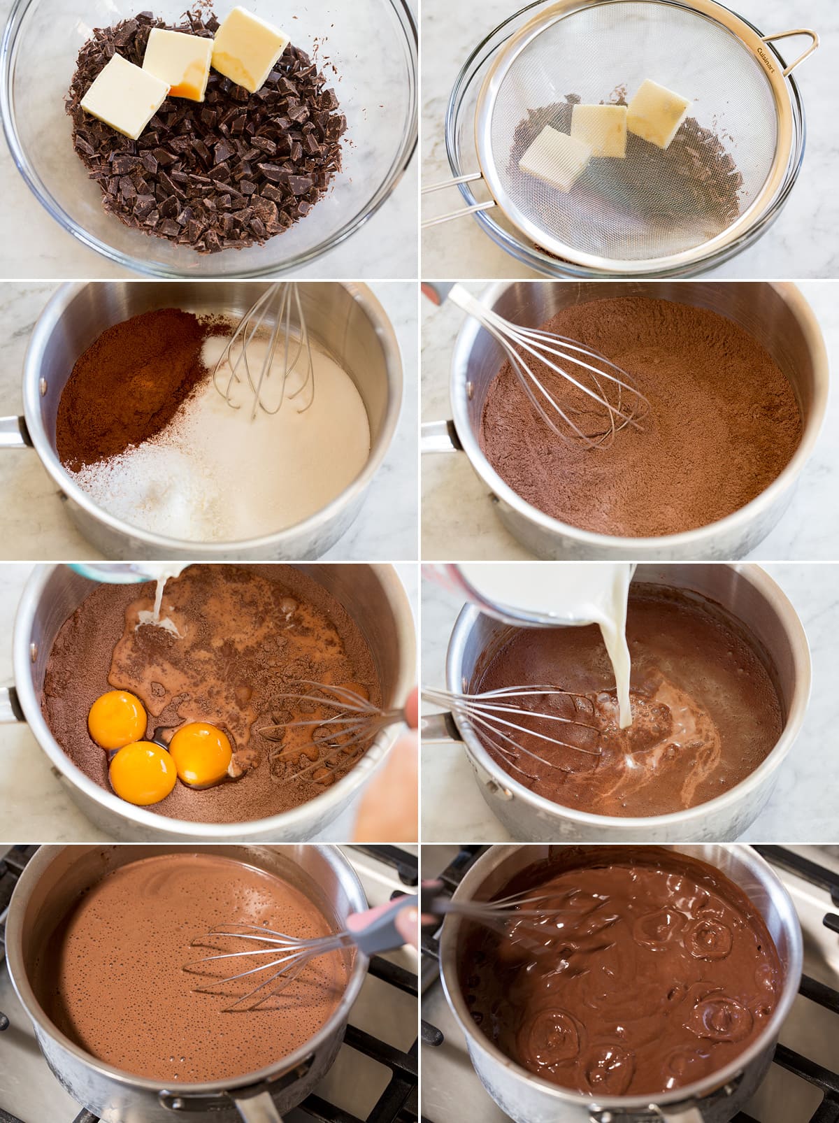 Collage of eight photos showing how to prepare chocolate pudding filling for chocolate cream pie.