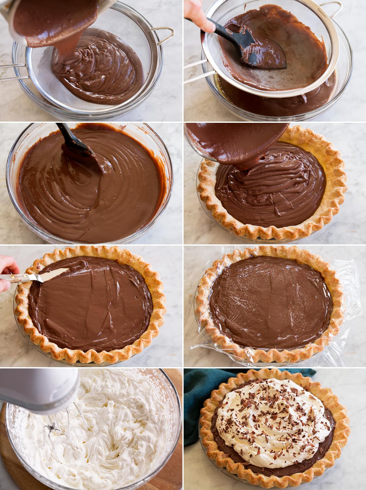 Collage of eight photos showing how to stain pudding mixture for the pie, spread into a baked crust then finish with whipped cream once it's chilled and set.