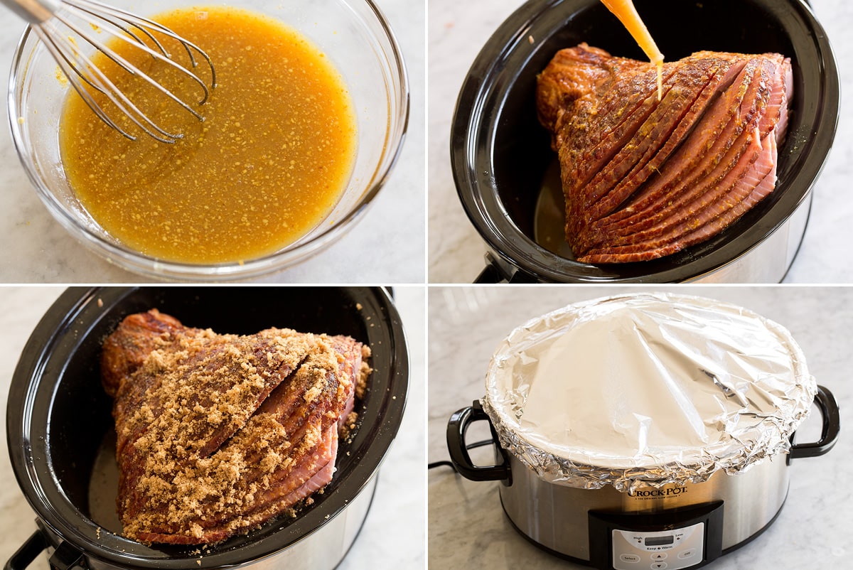 Collage of four photos showing how to make maple glaze mixture for ham, basting it over ham in a slow cooker. Then shows covering it with brown sugar and wrapping foil over the crockpot.