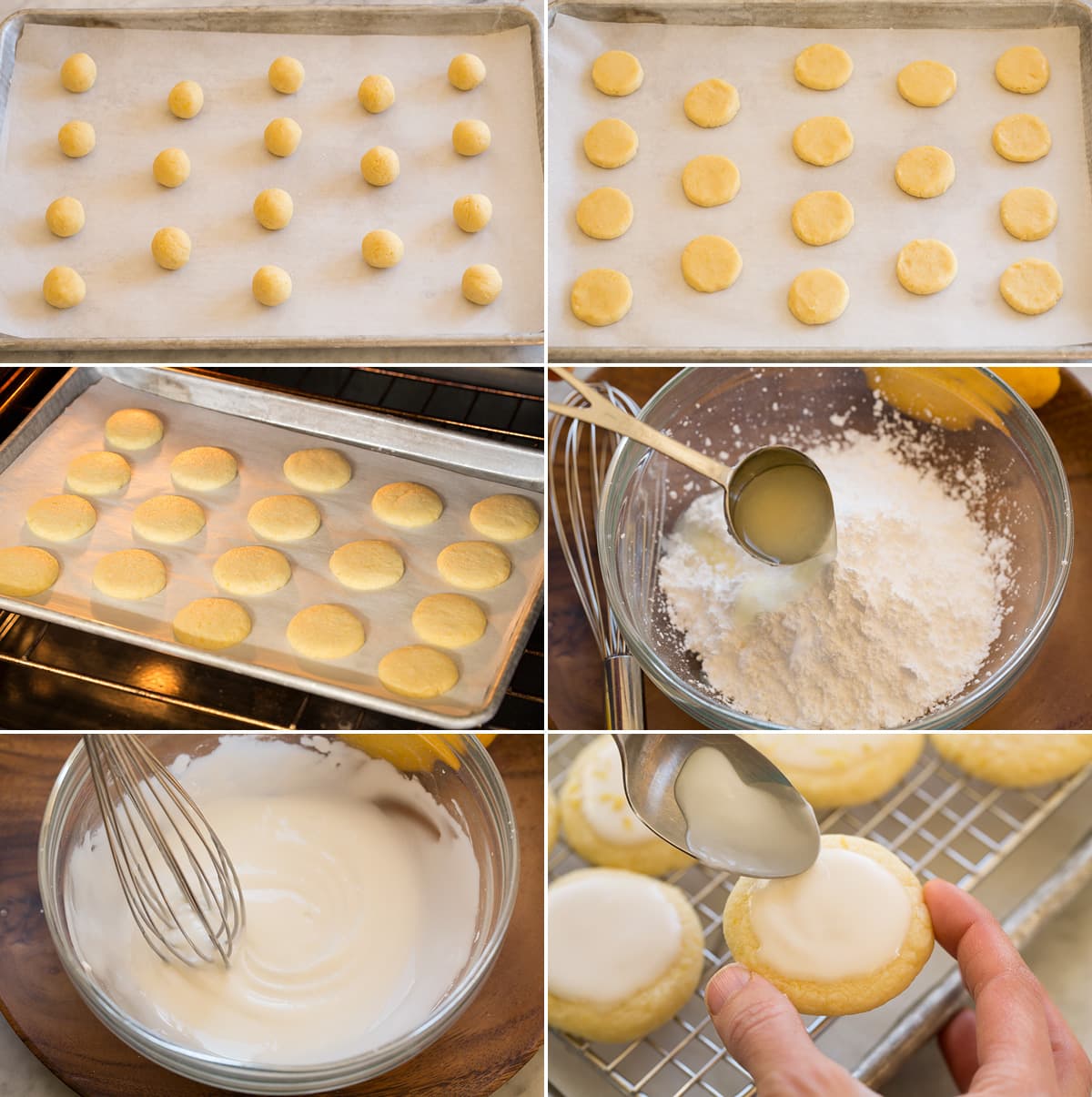 Collage of six photos showing how to roll, flatten and bake lemon meltaway cookies. Also includes photos of making glaze and spreading over cookies.