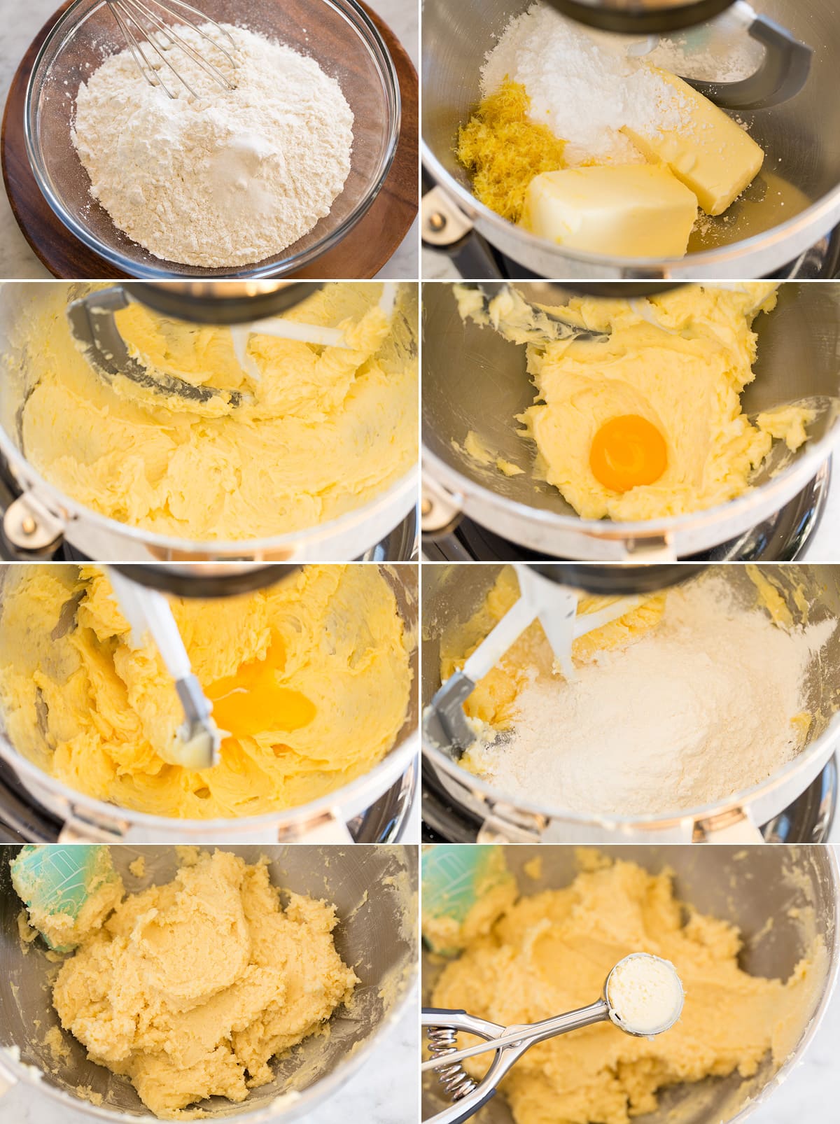 Collage of eight photos showing step by step photos to make lemon cookie dough.
