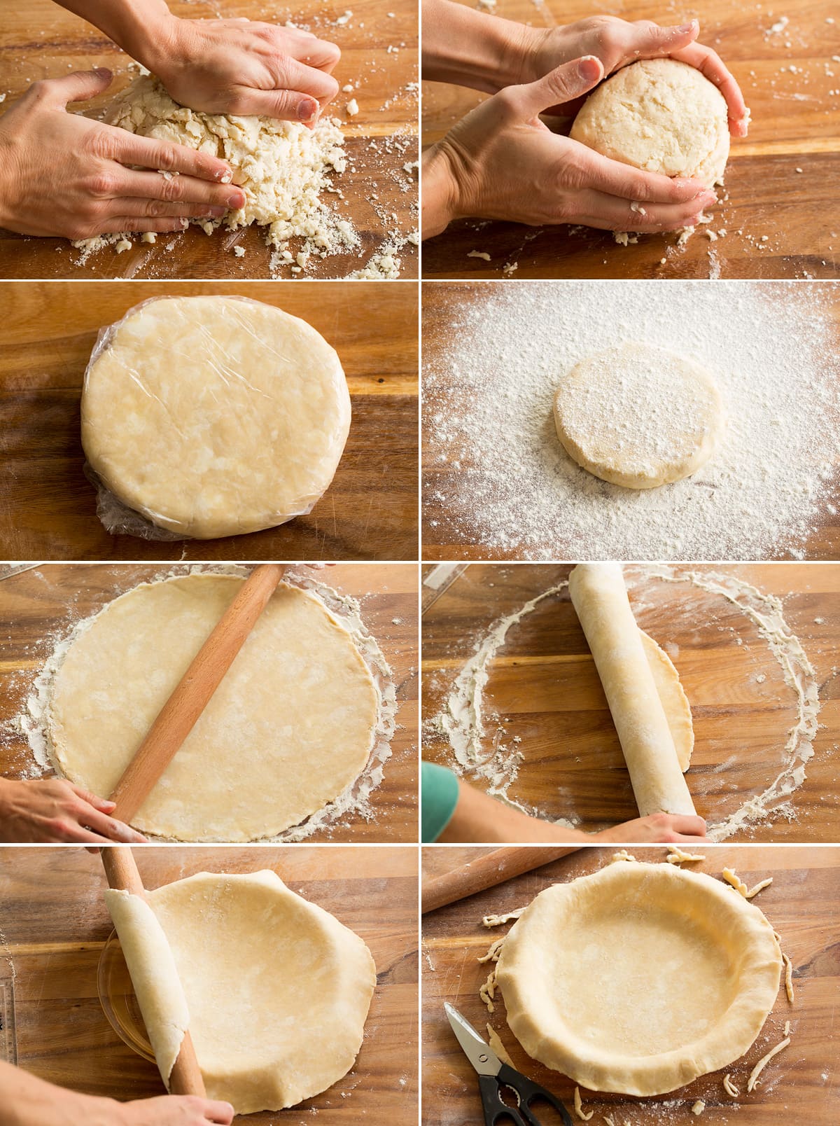 Collage of eight images showing how to form pie crust dough then roll and fit in pie pan.
