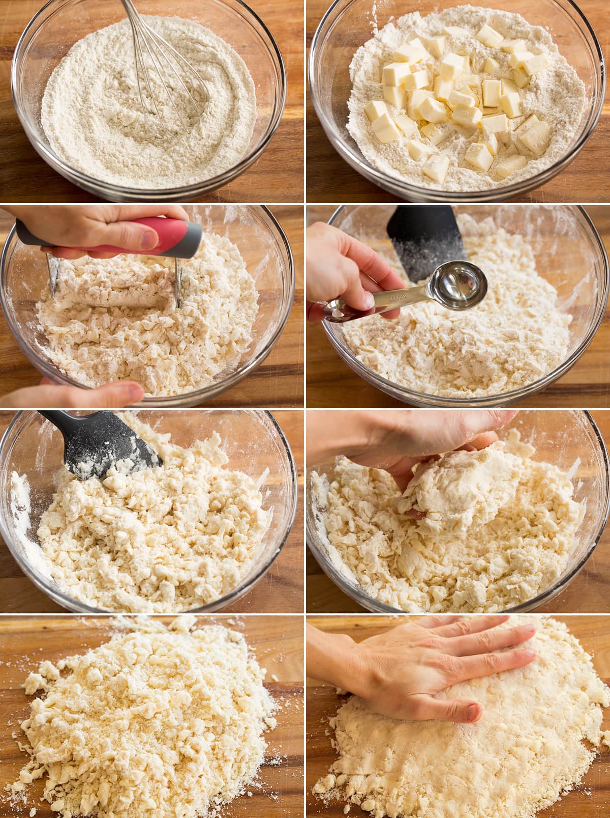 Collage of eight images showing how to prepare pie crust dough.