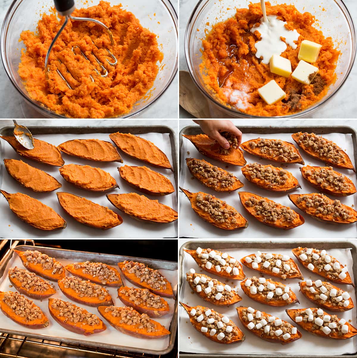 Six continued steps of making twice baked sweet potatoes.
