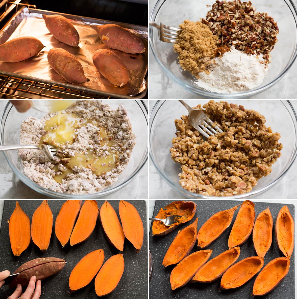 Collage of six images showing steps of making twice baked sweet potatoes.