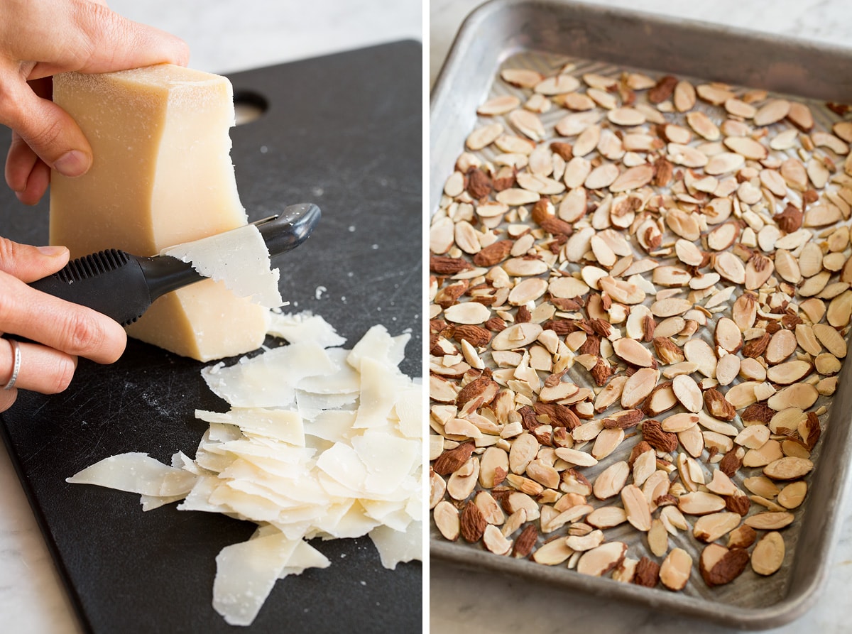 Collage of two photos showing parmesan cheese being shaved and almonds on baking sheet after toasting.