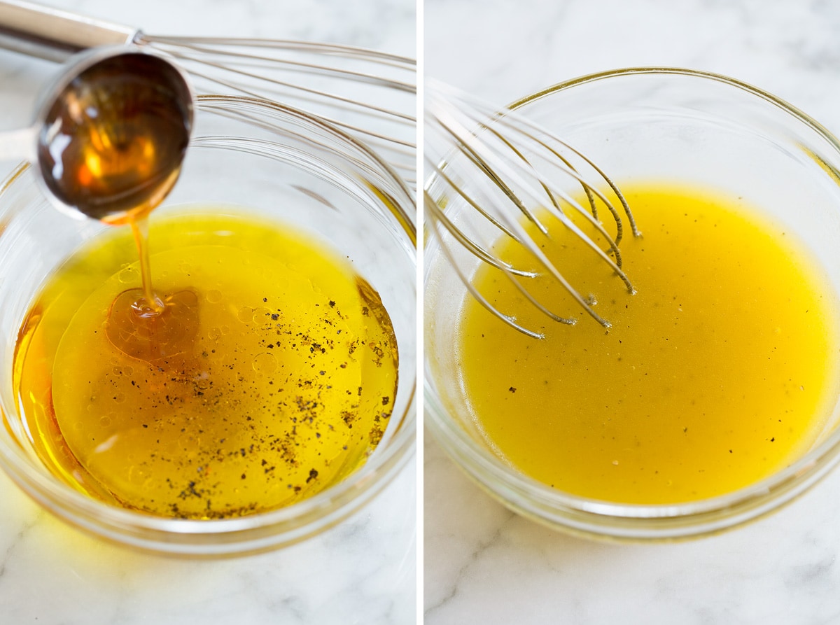 Salad dressing shown before and after mixing.