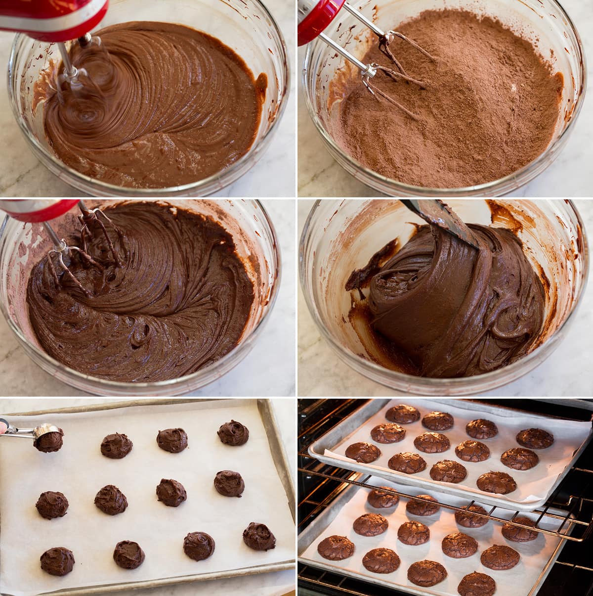 Collage of six photos showing how to finish brownie cookie dough and shape onto baking sheets and bake in the oven.