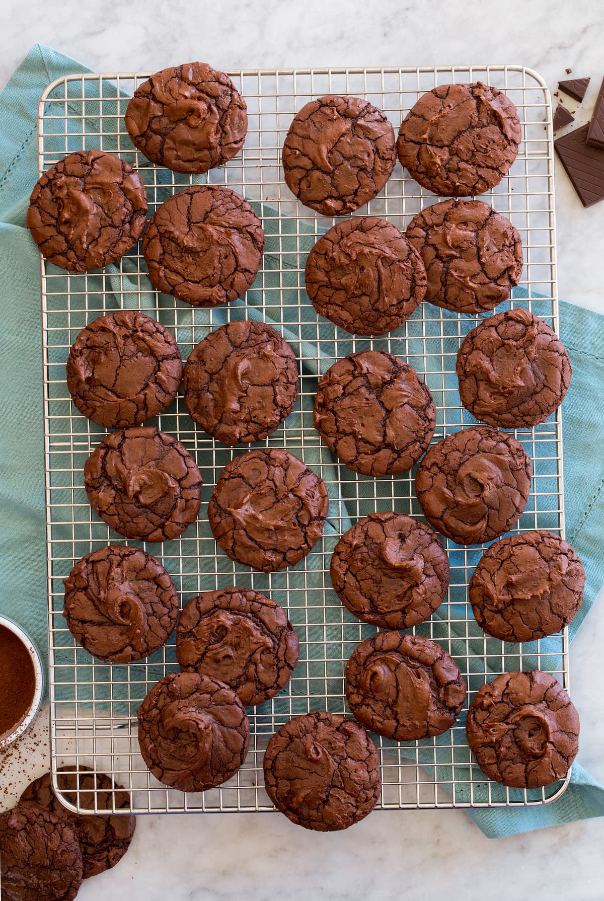 Chocolate brownie cookies on a cooling rack
