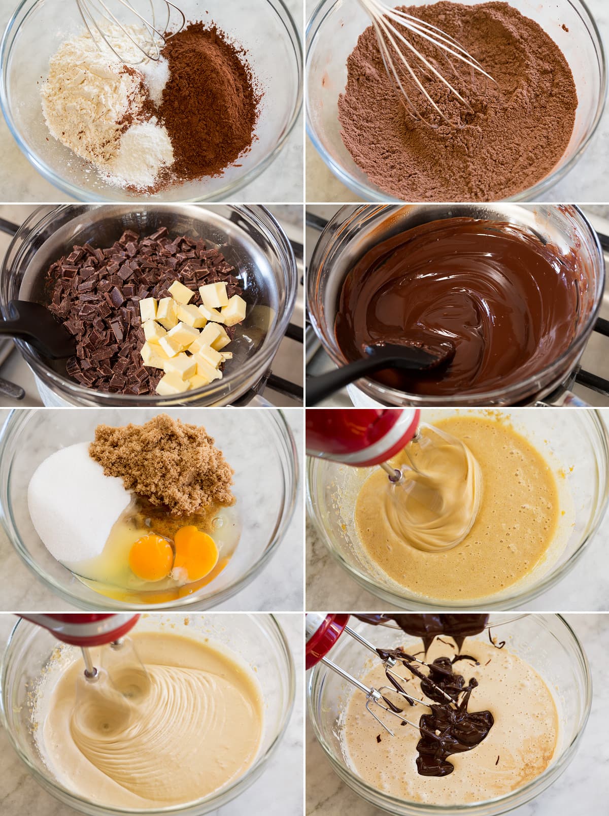 Collage of 8 photos showing how to make brownie cookie dough.