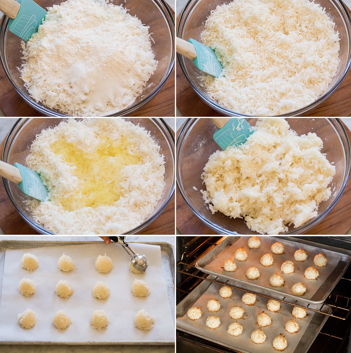 Collage of six images showing how to make coconut macaroon cookie dough then bake in baking sheets.