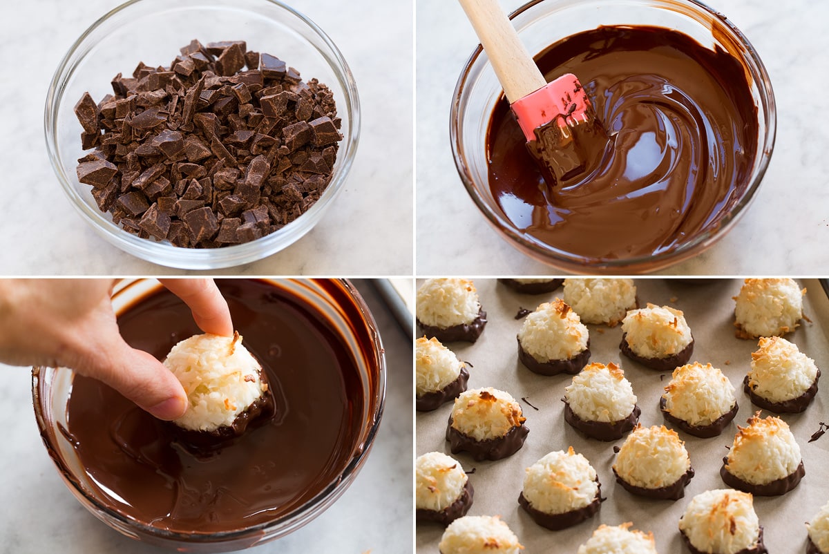 Collage of four photos showing how to dip macaroons in chocolate.