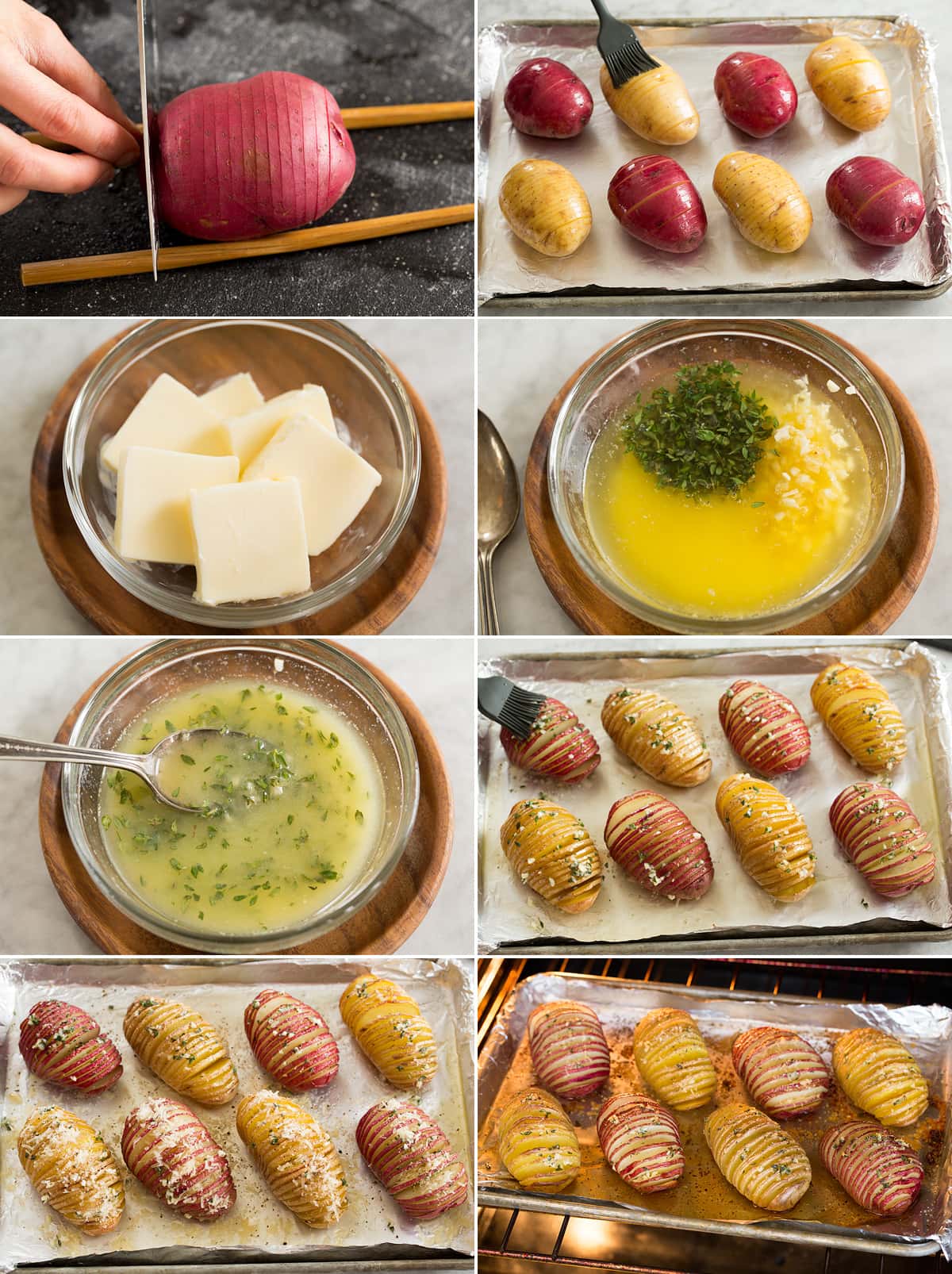 Collage of eight photos showing how to make and bake hasselback potatoes.