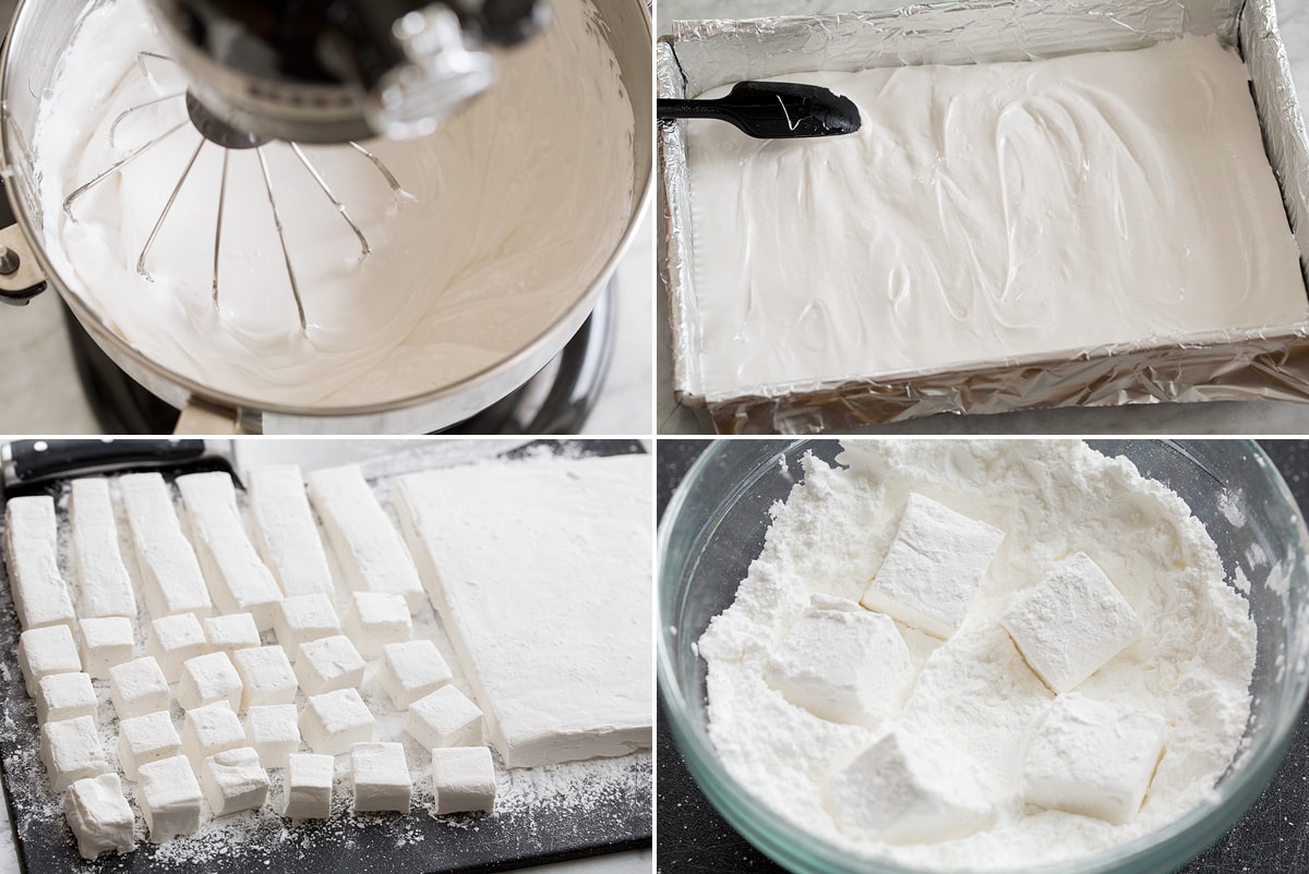 Collage of four photos showing how to spread and cut marshmallows. Also shows tossing in powdered sugar mixture to reduce stickiness.