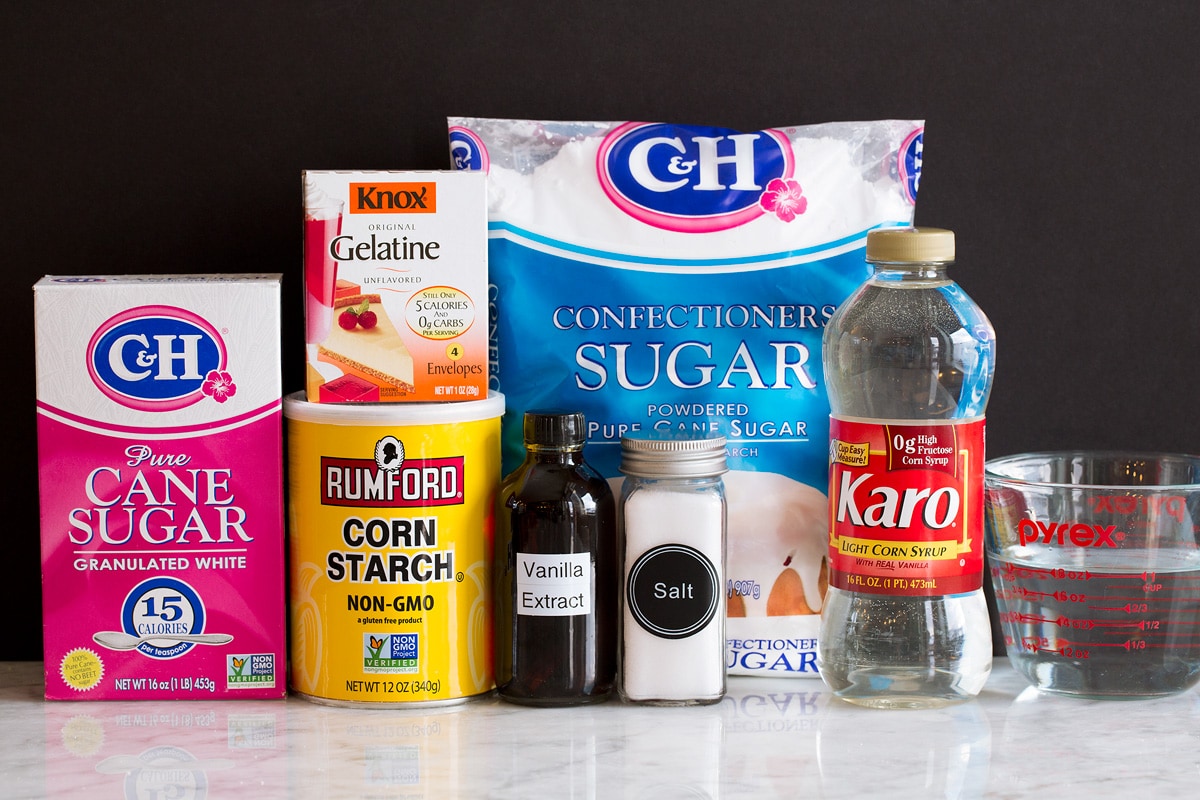 Photo of ingredients needed for homemade marshmallows from scratch.